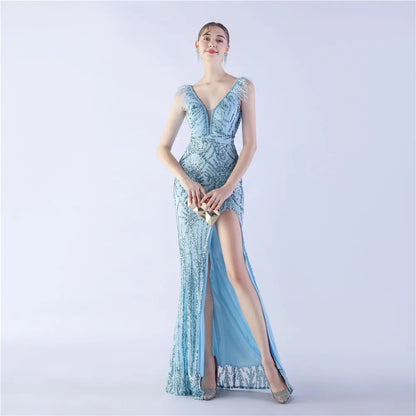 🍒Beaded evening dress v neck sleeveless feather decorated occasion wear party outfit with side slit high-end maxi Work It In Your Bead Work