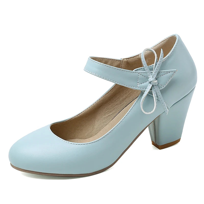 🍒Womens pumps 7cm high thick block heels round toe mary Janes shoes wedding dress footwear office shoes ladies ankle strap heels with bows