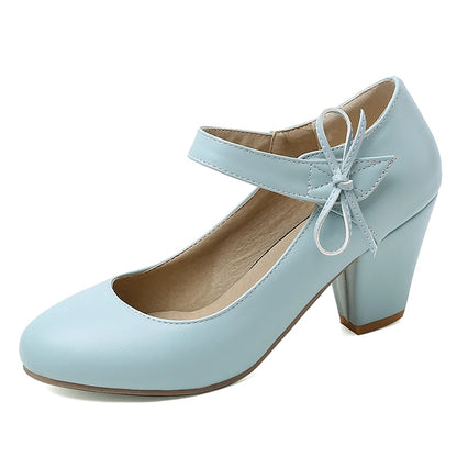 🍒Womens pumps 7cm high thick block heels round toe mary Janes shoes wedding dress footwear office shoes ladies ankle strap heels with bows
