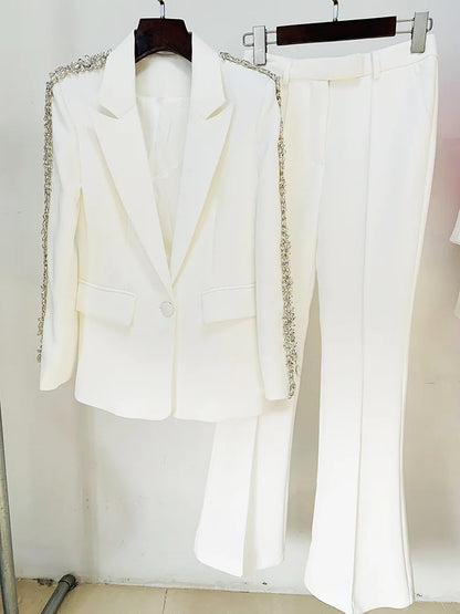 🍒Fashion suits long sleeve white two piece trouser set office wear white wedding suit for women occasion party wear smart casual clothing tuxedo blazer With diamond detail Heaven Sent