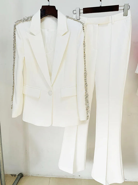 🍒Fashion suits long sleeve white two piece trouser set office wear white wedding suit for women occasion party wear smart casual clothing tuxedo blazer With diamond detail Heaven Sent
