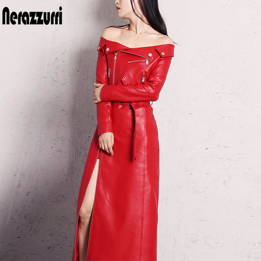 🍒Leather long dresses with side split for women slash neck red black pu outfit long sleeve shoulderless for occasions party wear club wear REDiculously Cool