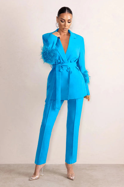 🍒 Smart causal womens two piece blazer set with feathers long sleeve jacket and straight pants set occasion party wear
