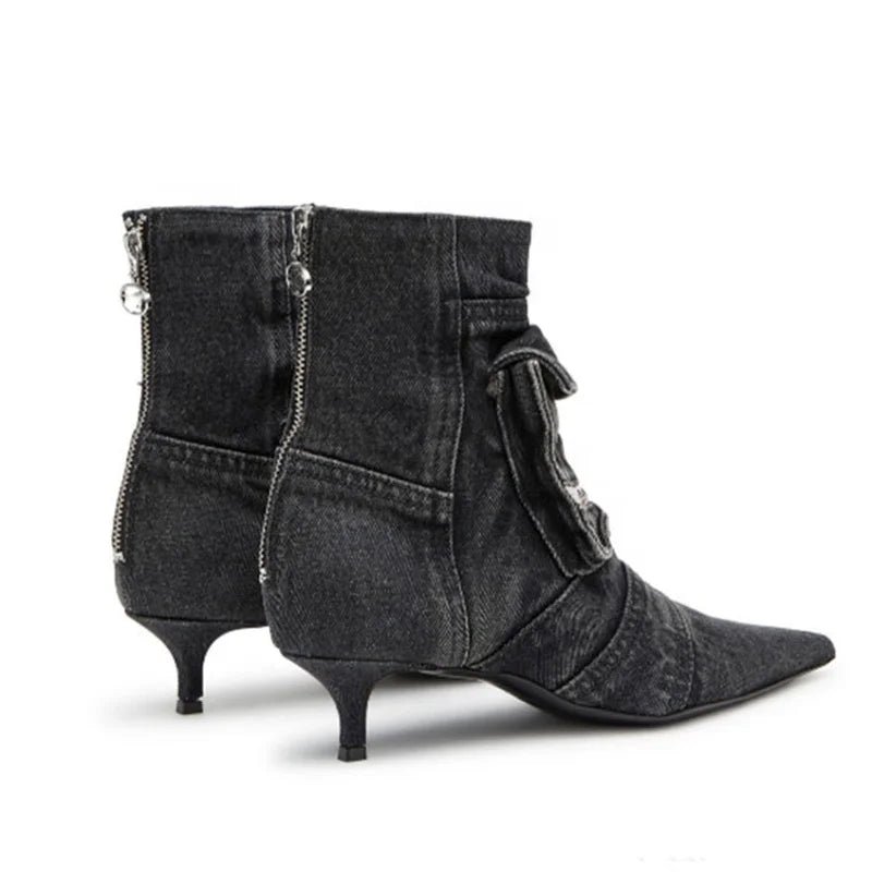 🍒Denim pockets boots ankle kitten heel shoes back zipper shoes retro styles booties with pointed toe smart casual footwear women Pocket This Denim And Make A Point