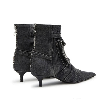🍒Denim pockets boots ankle kitten heel shoes back zipper shoes retro styles booties with pointed toe smart casual footwear women Pocket This Denim And Make A Point