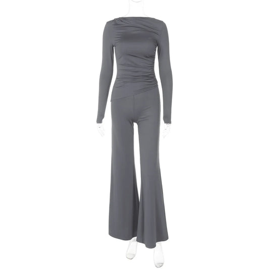 🍒Solid colour set crop top + flared bottom tube pants smart casual clothing women fashion  leggings two piece set Galavant In Your Grey
