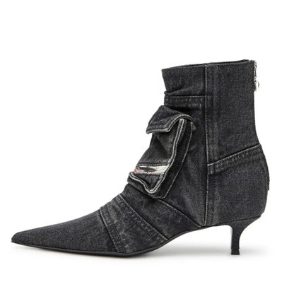 🍒Denim pockets boots ankle kitten heel shoes back zipper shoes retro styles booties with pointed toe smart casual footwear women Pocket This Denim And Make A Point