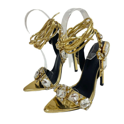 🍒Pointed toe diamond heel ankle strap strappy sandals glamorous stilettos with diamond embellisment womens party footwear occasion wear Dancing Diamonds