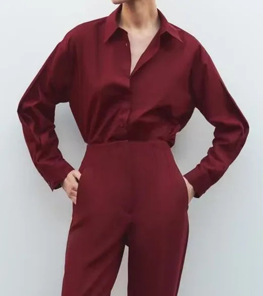 🍒Women's poplin shirt with collar summer female fashion long sleeves for summer simple and versatile clothing smart casual Burgundy Ba-sick