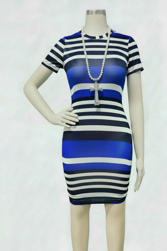 🍒Women knee length dress o-neck midi outfit striped casual bodycon beach wear clothing vacation beachwear  Sunny Summer Stretchy Stripes