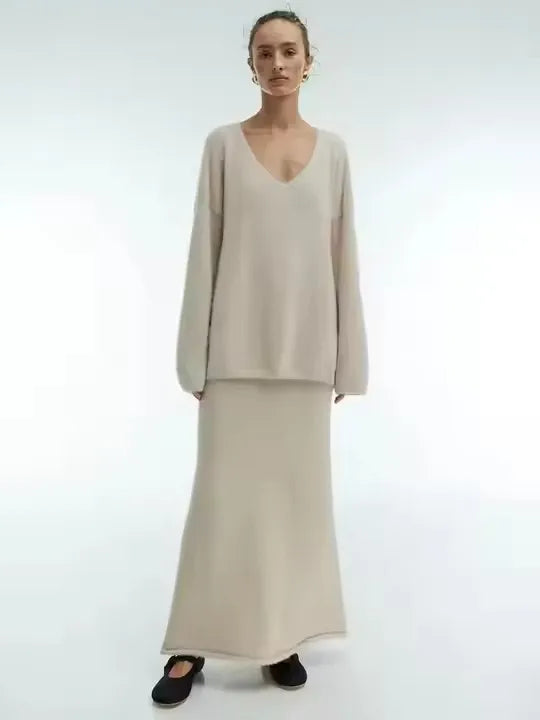 🍒Sweater 2 Pieces sets winter casual outfits warm autumn maxi a-line skirt and v- neck knitted long sleeve jumper women