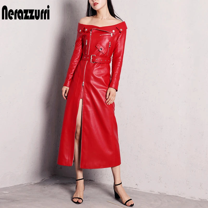 🍒Leather long dresses with side split for women slash neck red black pu outfit long sleeve shoulderless for occasions party wear club wear REDiculously Cool
