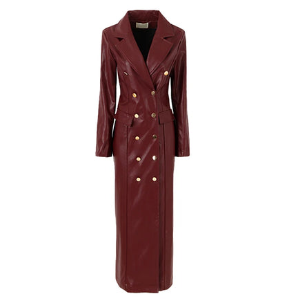 🍒Extra long faux leather trench coat for women double breasted luxury elegant long smart casual pu outerwear Keep aBREAST of DOUBLE take clothing