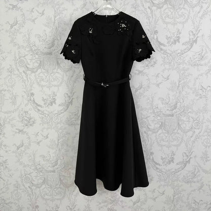 🍒Short sleeve vintage dress short sleeve midi hand-made lace hollow diamond summer outfit a-line womens fashion wear Line Up For As or you wil B disapointed