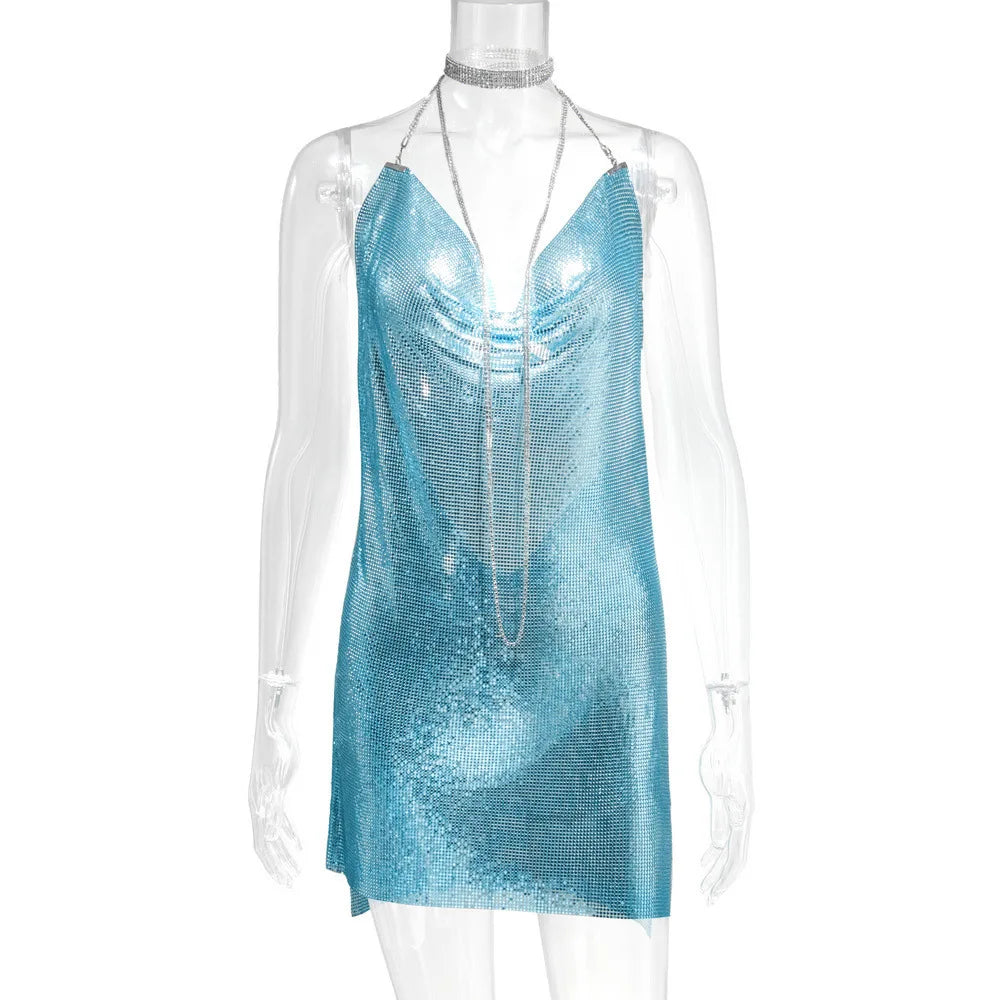 🍒Party outfit for woman Hauture summer wear shiny halter mini dress with cowl neck bodycon backless translucent metallic fashion evening occasion wear club wear Melt Hearts Metalics