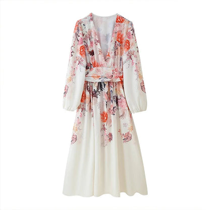 🍒Print style dresses long sleeve belted midi fashion retro fashion wear v-neck long sleeve smart casual women