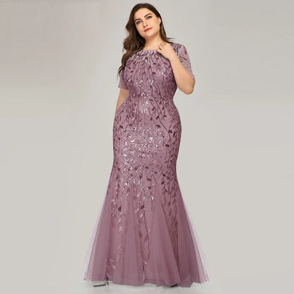 🍒Plus size sequin mesh dress mermaid evening gown beaded leaves pattern party occasion wear prom gowns short Sleeve sparkly outfits for women Fish Dish For Christmas