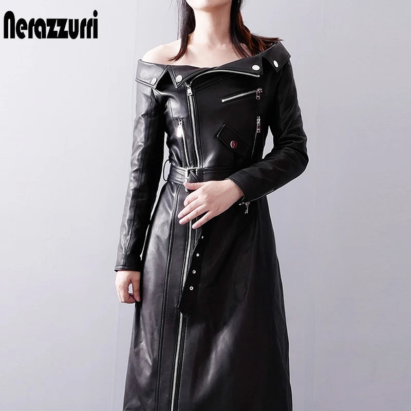 🍒Leather long dresses with side split for women slash neck red black pu outfit long sleeve shoulderless for occasions party wear club wear REDiculously Cool