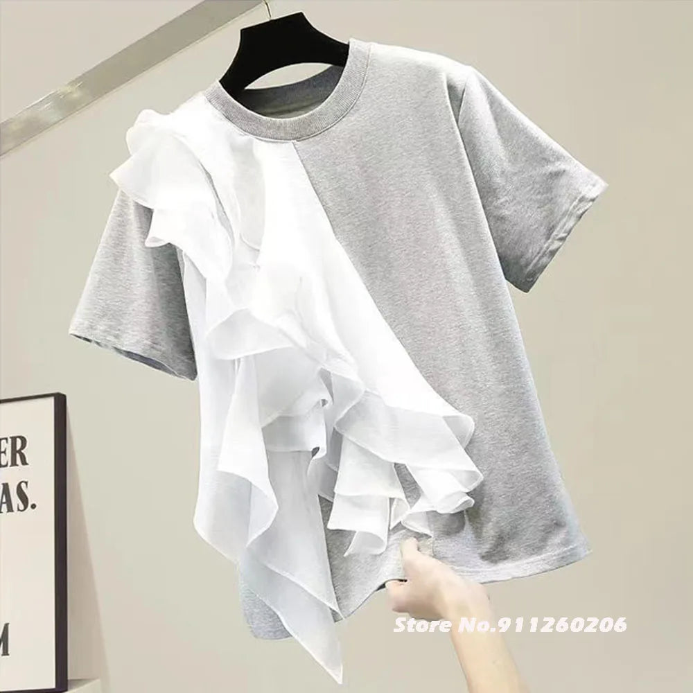 🍒Mixed media ruffle white tops for women o-neck short sleeve casual t-shirt female fashion clothing Summer