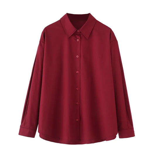 🍒Women's poplin shirt with collar summer female fashion long sleeves for summer simple and versatile clothing smart casual Burgundy Ba-sick