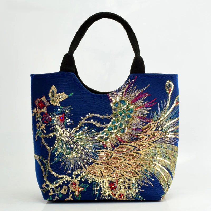🍒Sequins tote bag ethnic style peacock embroidery handbags ladies vintage canvas crossbody bag grab bag smart casual accesssories Display Your Style With A peacock