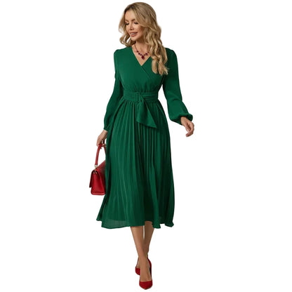🍒Long sleeve v- neck pleated dress solid colour midi outfit with waist belt long dresses smart casual women office wear 'Appy A-lines