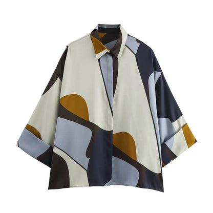 🍒Women's satin shirt lazy style casual simple lapel collar shirt button decoration printed light weight jacket for summer Multi- task