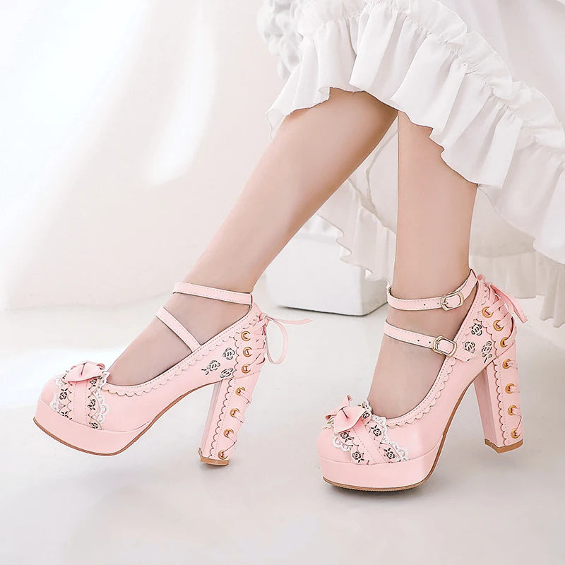🍒Ladies vintage high heels platform shoes for women cute bow lace princess Mary Janes party buckle pumps Get Pretty Pumped Up