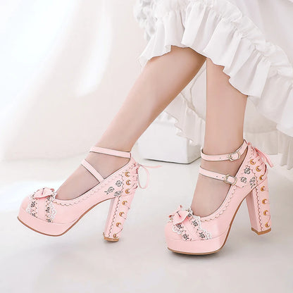 🍒Ladies vintage high heels platform shoes for women cute bow lace princess Mary Janes party buckle pumps Get Pretty Pumped Up