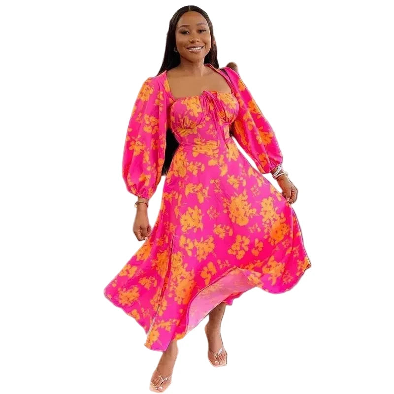 🍒Women's floral print dress midaxi square collar long puff sleeve party dress with split fashion with flowers bright colour outfits beach party wear holiday clothing Get Satu-Rated
