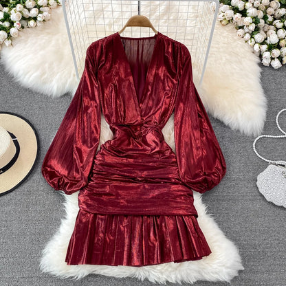 🍒Womens spring summer fashion dress shiny material v -neck lantern sleeve pleated occasion outfit hip wrap clothing party wear Super Sensual Satin