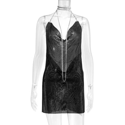 🍒Party outfit for woman Hauture summer wear shiny halter mini dress with cowl neck bodycon backless translucent metallic fashion evening occasion wear club wear Melt Hearts Metalics