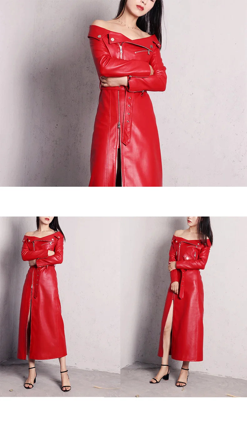 🍒Leather long dresses with side split for women slash neck red black pu outfit long sleeve shoulderless for occasions party wear club wear REDiculously Cool