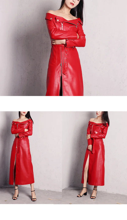 🍒Leather long dresses with side split for women slash neck red black pu outfit long sleeve shoulderless for occasions party wear club wear REDiculously Cool