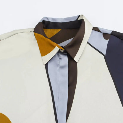 🍒Women's satin shirt lazy style casual simple lapel collar shirt button decoration printed light weight jacket for summer Multi- task