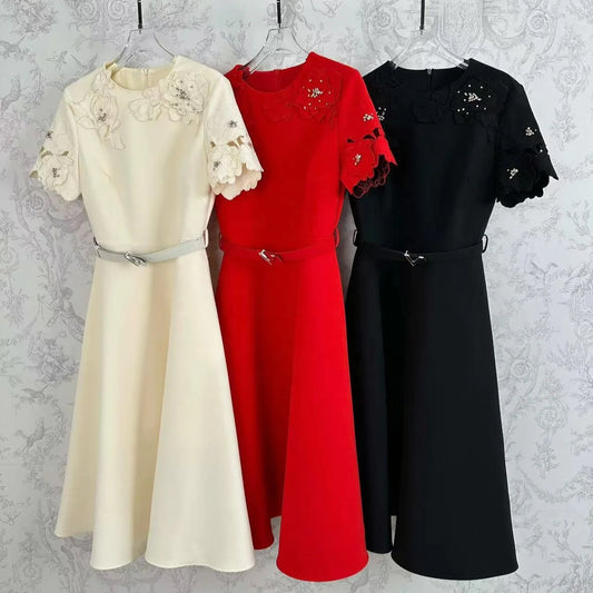🍒Short sleeve vintage dress short sleeve midi hand-made lace hollow diamond summer outfit a-line womens fashion wear Line Up For As or you wil B disapointed