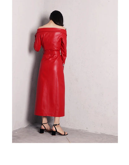 🍒Leather long dresses with side split for women slash neck red black pu outfit long sleeve shoulderless for occasions party wear club wear REDiculously Cool