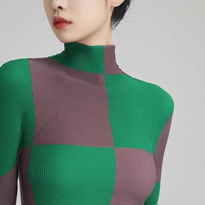 🍒Designer summer tops geometric fashion wear printed long sleeve blouse checkered women casual shirts stretch pleated t-shirts Square This Square At Check-Out