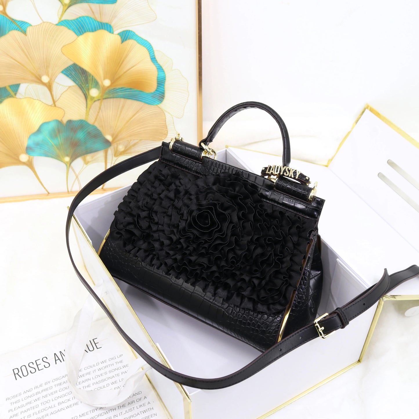 🍒3D foral handbag women fashion ladies bag luxury crossbody handbag crocodile elegant occasion accessory lotus leaf flower bag female bag with grab handle 30 cm Rose Gold