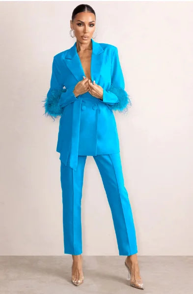 🍒 Smart causal womens two piece blazer set with feathers long sleeve jacket and straight pants set occasion party wear