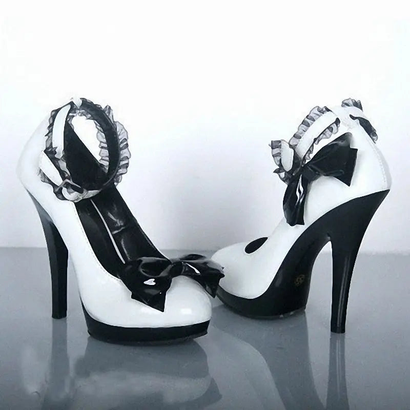 🍒High heel punps with straps platform high heels black and white shoes for women fashion bow shoes for occasion bow style shoes with lace material Get 'White Into Black and White