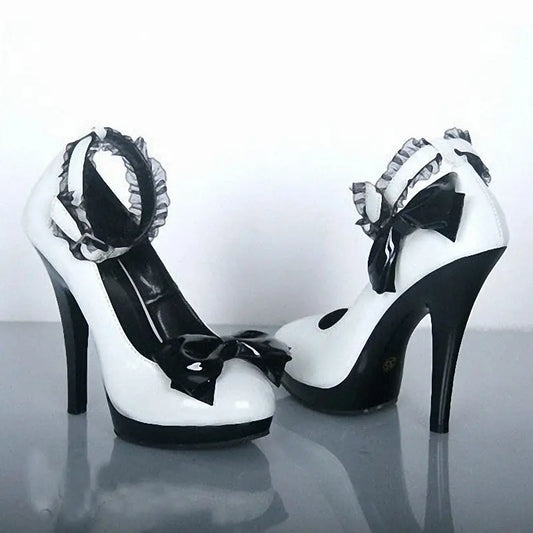 🍒High heel punps with straps platform high heels black and white shoes for women fashion bow shoes for occasion bow style shoes with lace material Get 'White Into Black and White