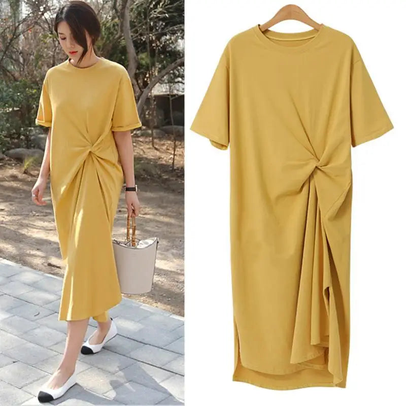 🍒100% cotton summer dress side knot design short sleeve midi outfit womens casual fashion t- shirt dress holiday clothes Bend Into Banana