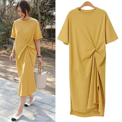 🍒100% cotton summer dress side knot design short sleeve midi outfit womens casual fashion t- shirt dress holiday clothes Bend Into Banana