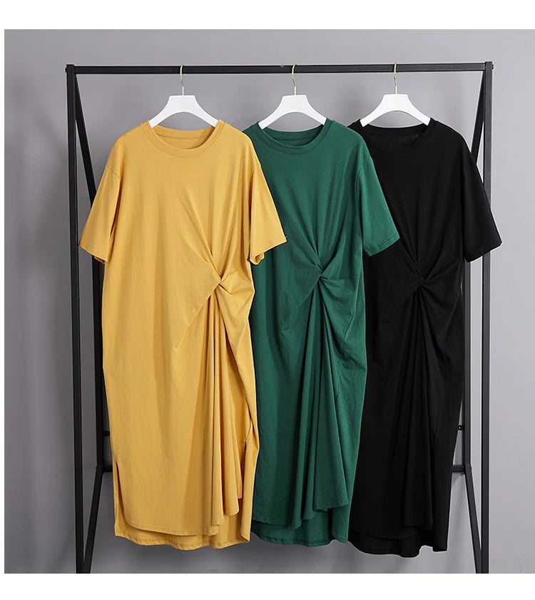 🍒100% cotton summer dress side knot design short sleeve midi outfit womens casual fashion t- shirt dress holiday clothes Bend Into Banana