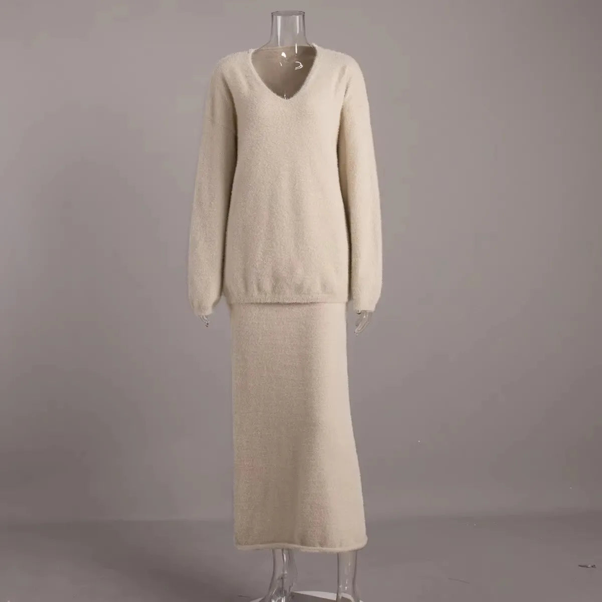 🍒Sweater 2 Pieces sets winter casual outfits warm autumn maxi a-line skirt and v- neck knitted long sleeve jumper women