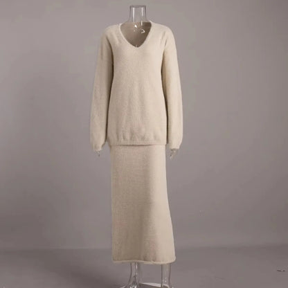 🍒Sweater 2 Pieces sets winter casual outfits warm autumn maxi a-line skirt and v- neck knitted long sleeve jumper women