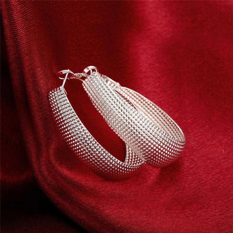 🍒925 Serling silver frosted big Hoop earrings womens party jewellery gift fashion silver wear Wedding occasion jewellery