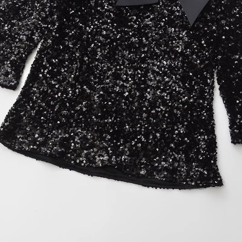 🍒Women's bow front dress sequin outfit for occasion retro long sleeve female party wear Mini dress with wide sleeves.