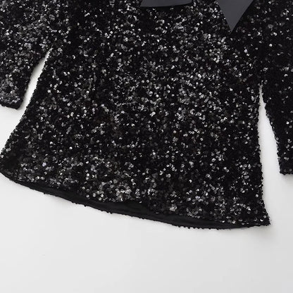 🍒Women's bow front dress sequin outfit for occasion retro long sleeve female party wear Mini dress with wide sleeves.